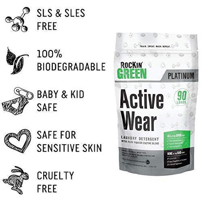 Rockin’ Green Active Wear Laundry Detergent - Unscented Laundry Detergent Powder & Odor Eliminator - Workout Clothes & Sportswear - Safe for Sensitive Skin - 90 Loads