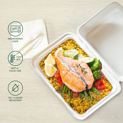 Freshware Clamshell Food Containers with Lids [9x6 50-Pack] Disposable To Go Containers, Biodegradable Sugarcane To Go Boxes - Paper Container - Microwave & Freezer Safe, Stackable