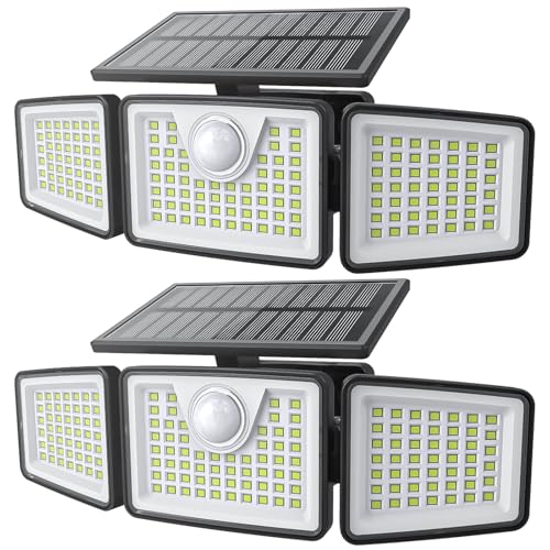 daphino 2500LM Solar Lights Outdoor with Motion Sensor, 3 Head 270 Wide Angle Street Area Lights, IP65 Waterproof Security Lighting with 3 Modes (Non-Remote, 2 Pcs)