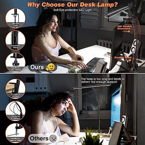 Airlonv LED Desk Lamp for Office Home, Eye-Caring Desk Light with Stepless Dimming Adjustable Flexible Gooseneck, 10W USB Adapter Desk Lamp with Clamp for Reading, Study, Workbench (Black)