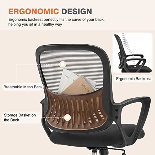 Sweetcrispy Home Office Computer Desk Chair, Managerial Executive Ergonomic Mid-Back Mesh Rolling Swivel Chair with Wheels, Comfortable Lumbar Support, Comfy Arms for Bedroom, Study, Student, Black