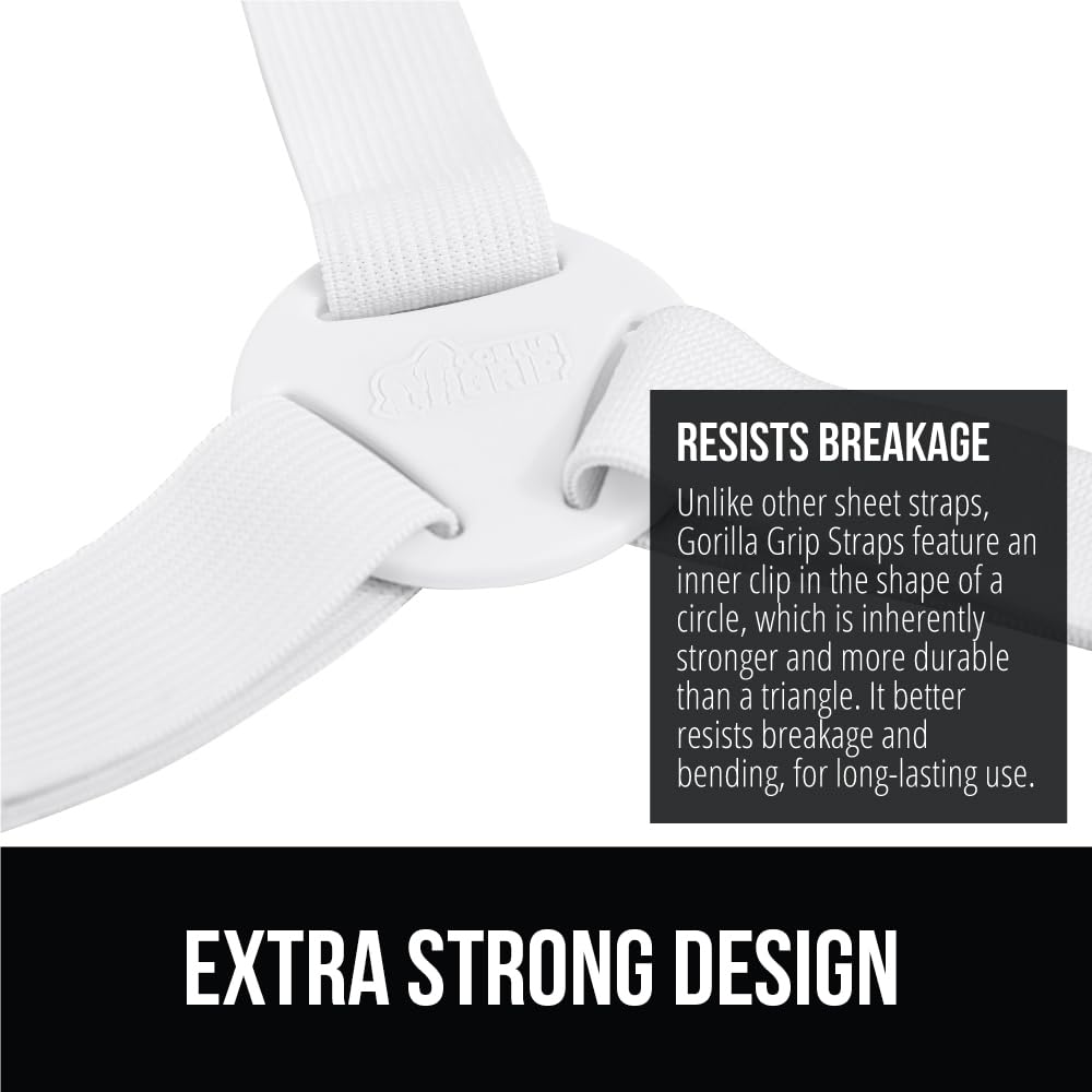 GORILLA GRIP Bed Sheet Straps, Adjustable Elastic Fasteners with Metal Clips, Keep in Place Fitted Bedding Holder, Easy Install Suspenders Mattress, Firm Tight Accessories, 4 Pack White