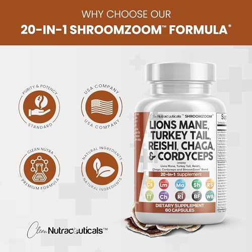 Clean Nutraceuticals Lions Mane 3000mg 20in1 Mushroom Supplement with Turkey Tail 2000mg Reishi 1000mg Cordyceps Chaga 1000mg Maitake Meshima Poria Cocos Shiitake Oyster Porcini Enoki 60 Count