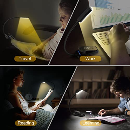 Gritin 9 LED Rechargeable Book Light for Reading in Bed - Eye Caring 3 Color Temperatures,Stepless Dimming Brightness,80 Hrs Runtime Small Lightweight Clip On Book Reading Light for Studying