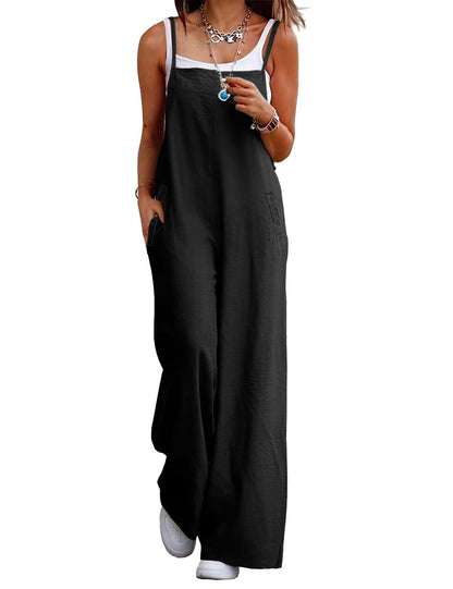 YESNO Women's Summer Boho Casual Jumpsuits Wide Leg Overalls Floral Print Baggy Rompers with Pocket S PZZCR Solid Black