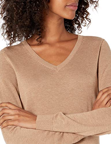 Amazon Essentials Women's Classic-Fit Lightweight Long-Sleeve V-Neck Sweater (Available in Plus Size), Camel Heather, X-Small
