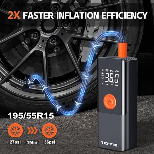 Teffim Tire Inflator Portable Air Compressor with Digital Pressure Gauge, 12V Smart Air Pump for Car Tires, Motorcycle, SUV, Electric Bike, Bicycle, Sports Balls with 10000mAh Battery & LED Light