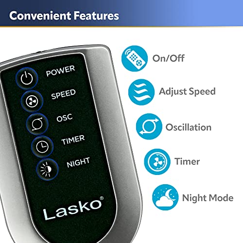 Lasko Oscillating Tower Fan, Quiet Fans with Remote, for Bedroom, Living Room, Office, Tower Fan with Remote, 3-Speed Timer, 42”, Silver T42951