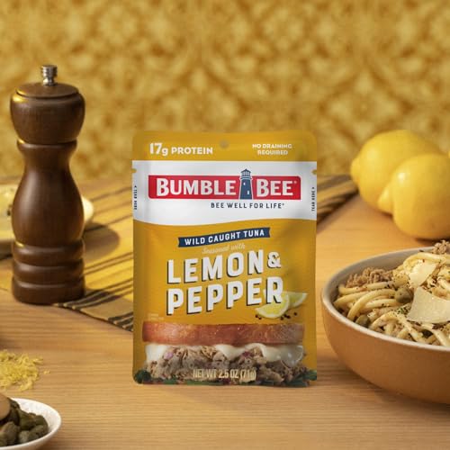 Bumble Bee Lemon & Pepper Seasoned Tuna, 2.5 oz Pouches (Pack of 12) - Ready to Eat - Wild Caught Tuna Pouch - 17g Protein per Serving - Gluten Free