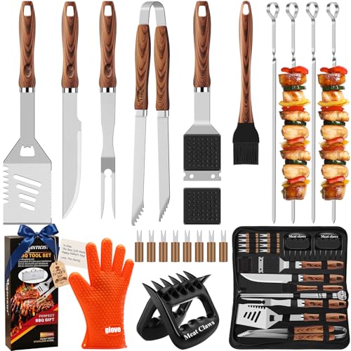 ROMANTICIST 23pcs Heavy Duty Grilling Gifts for Men Dad Fathers Day, Extra Thick BBQ Accessories Tools Set, Stainless Steel Grill Utensils Kit with Meat Claws,Canvas Bag for Outdoor Camping Brown