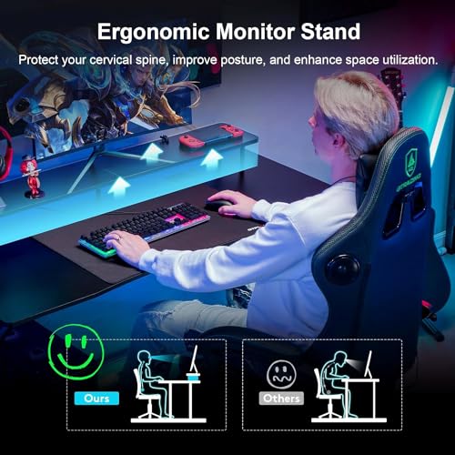 GTRACING 55 Inch Gaming Desk with LED Lights, Computer Gamer Desk with Monitor Stand, Ergonomic Carbon Fiber Surface Gaming Table with Mouse Pad for Home Office, RGB