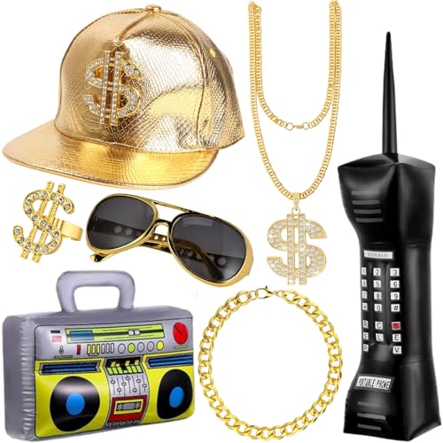 Glazeal 80s 90s Hip Hop Costume Kits, 7pcs 80s 90s Rapper Accessories for Men Hip Hop Costume Outfit with Hat, Sunglasses, Gold Chain & Bracelet,Ring and Radio Phone Props