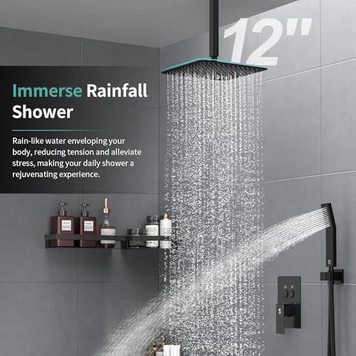 SR SUN RISE Ceiling Mounted Shower System with Push Button Diverter, Luxury 12 Inch Rain Shower Head with Handheld Spray, High Pressure Shower Faucet Combo Set with Rough-in Valve, Matte Black