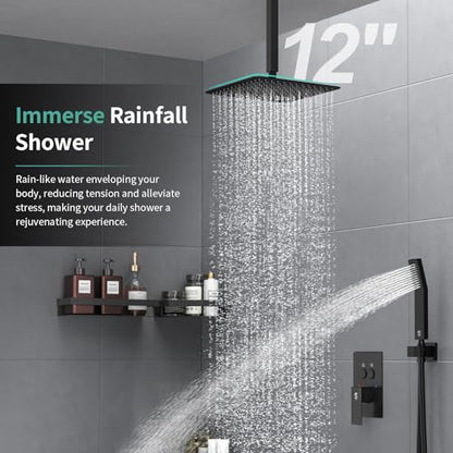 SR SUN RISE Ceiling Mounted Shower System with Push Button Diverter, Luxury 12 Inch Rain Shower Head with Handheld Spray, High Pressure Shower Faucet Combo Set with Rough-in Valve, Matte Black