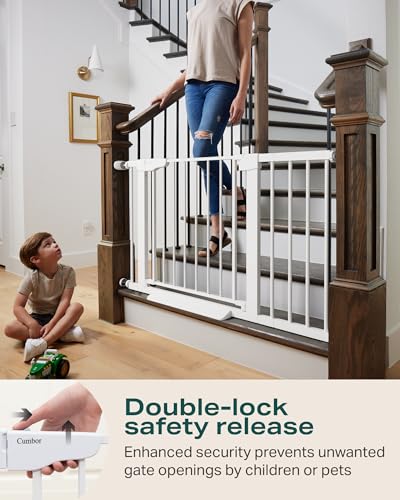 Cumbor 29.7-46" Baby Gate for Stairs, Mom's Choice Awards Winner-Auto Close Dog Gate for the House, Easy Install Pressure Mounted Pet Gates for Doorways, Easy Walk Thru Wide Safety Gate for Dog, White