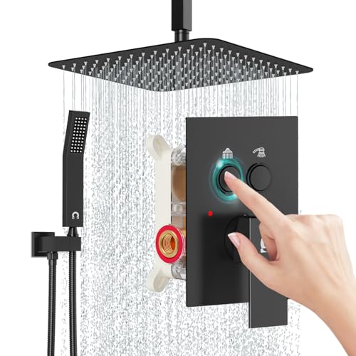 SR SUN RISE Ceiling Mounted Shower System with Push Button Diverter, Luxury 12 Inch Rain Shower Head with Handheld Spray, High Pressure Shower Faucet Combo Set with Rough-in Valve, Matte Black