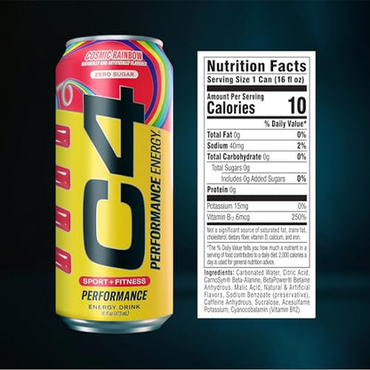 Cellucor C4 Performance Energy Drink | Cosmic Rainbow | Zero Sugar Carbonated Preworkout Energy | 200mg Caffeine with Beta Alanine | 16 Fl Oz (12 Pack), Packaging May Vary