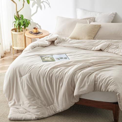 Bedsure King Size Comforter Set, Beige Soft Cationic Dyed Bed Set 3 Pcs
