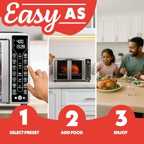 Gourmia French Door Air Fryer – 25 Qt Large Capacity Convection Oven, Fryfroce 360°, Digital Display with 17 Cooking Presets, Bake, Toast, Roast, Dehydrate, Fits 12” Pizza