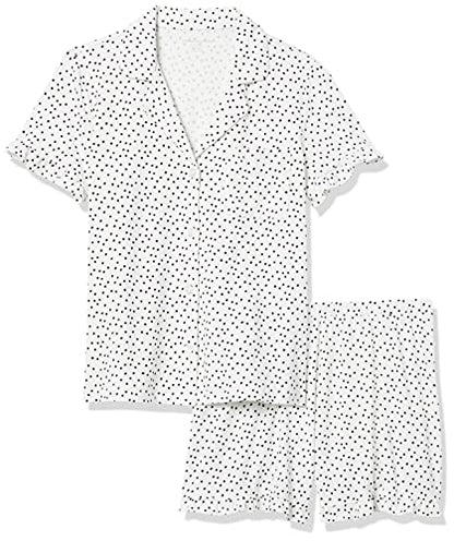 Amazon Essentials Women's Cotton Modal Piped Notch Collar Pajama Set (Available in Plus Size), White Dots Print, Medium