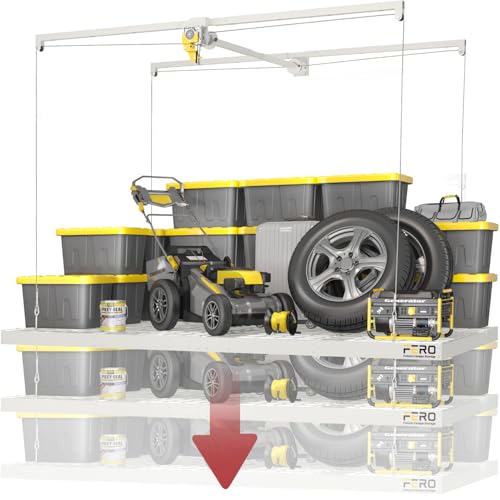 Garage Ceiling Storage Racks – 4x8 FT Overhead Garage Storage Rack with Safety Lock, Heavy-Duty Ceiling Mounted Lift System and Storage Organizer, Ideal for Maximizing Overhead Space, 325 lbs Capacity