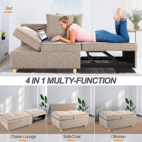 SEJOV Sofa Bed Chair 4-in-1 Convertible Chair Bed, 3-Seat linen Fabric loveseat Sofa with 2 Throw Pillow, Single Recliner for Small Space with 5 Adjustable Backrest, Brown Grey