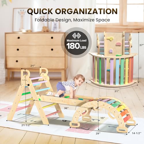 BlueWood Pikler Triangle Set 7in1 Foldable Baby Climbing Toys Wooden Montessori Climbing Set with Arch&Ramp&Ladder Baby Climber Indoor Jungle Gyms for Toddlers Montessori Toys - Rainbow