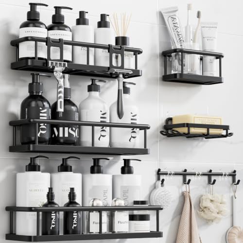 YASONIC Shower Caddy Adhesive, Rustproof Shower Organizer with Soap Holder, Large Capacity Shower Shelves for Inside Shower, No Drilling Bathroom Organizers and Storage for Home Decor 6 Pack Black