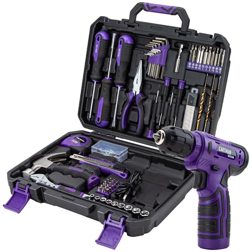 CARTMAN 150-Piece Household Tool Set, 8V Cordless Drill Driver Kit, Complete Hand Tool Kit for Home Maintenance, DIY Projects and Repairs, Purple