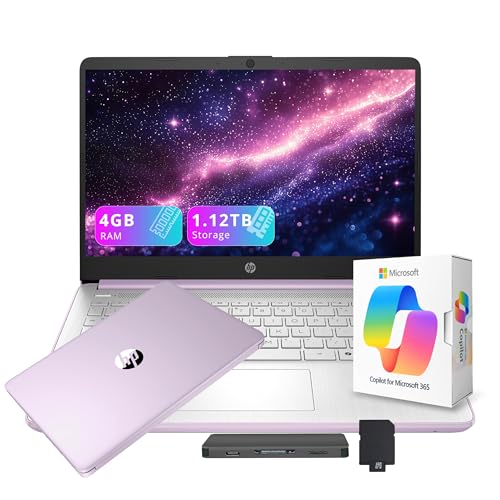 HP Stream 14" HD Student&Business Laptop with AI Copilot, Intel Processor N150, 4GB RAM, 1.12TB Storage (128GB UFS + 1TB Docking Station), 1 Year Office 365, 720p Webcam, Win 11, Lavender Purple