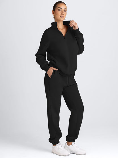 AUTOMET Women's Sweatsuits 2 Piece Outfits Lounge Sets Long Sleeve Half Zip Pullover and Baggy Sweatpants with Pockets Black XL