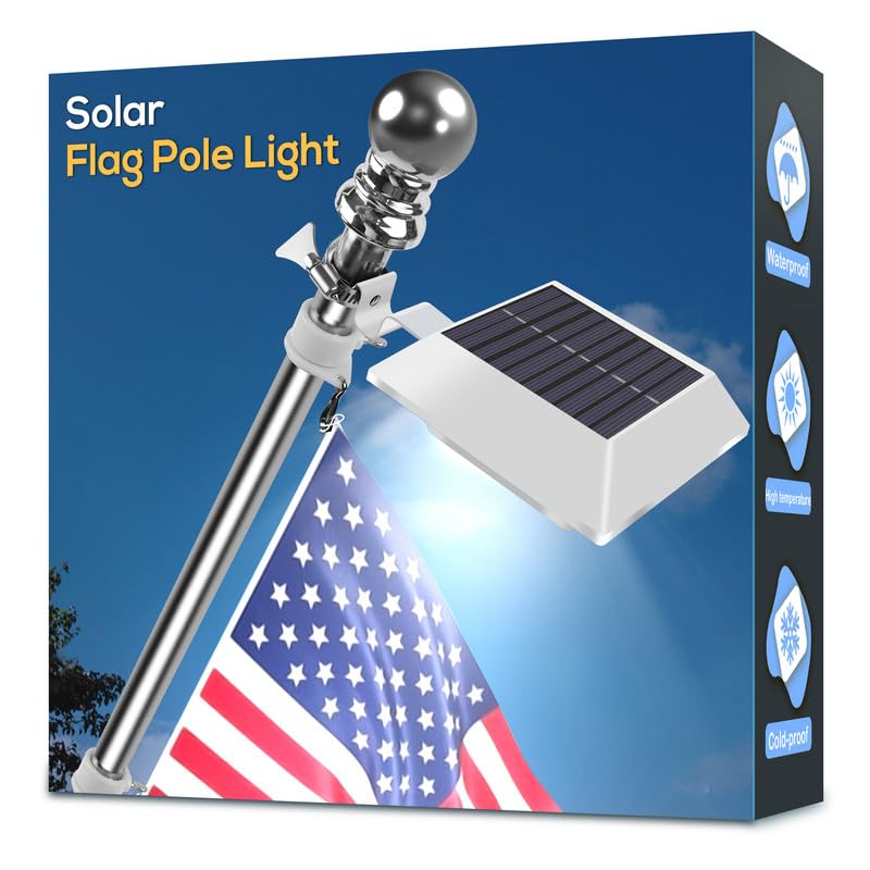 Solar Flag Pole Light, Bright White 6000k Flagpole Light Upgrade Solar Powered for 5ft 6ft Flag Pole,Waterproof Outdoor Dusk to Dawn Led Solar Lights,Outside House Garden Yard American Flags Decor