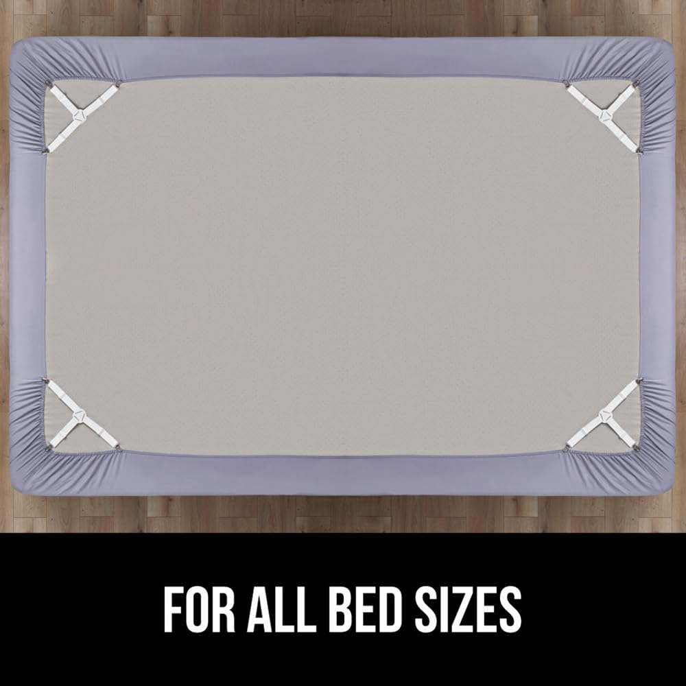 GORILLA GRIP Bed Sheet Straps, Adjustable Elastic Fasteners with Metal Clips, Keep in Place Fitted Bedding Holder, Easy Install Suspenders Mattress, Firm Tight Accessories, 4 Pack White