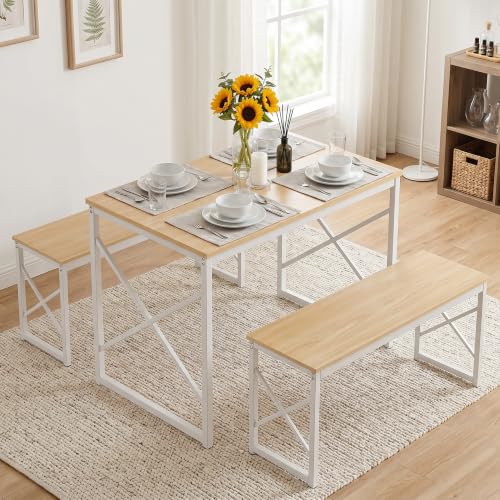 VECELO 43.3" Kitchen Dining Table Set for 4, Heavy-Duty Steel Frame & Wood-Grain Tabletop, Space-Saving Dinette Sets with 2 Benches for Breakfast Nook and Small Space, Natural Wood