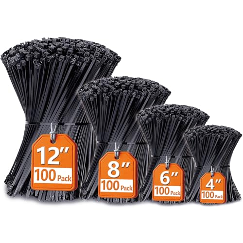 Zip Ties Assorted Sizes (4"+6"+8"+12"), 400 Pack, Black Cable Ties, UV Resistant Wire Ties by ANOSON