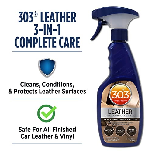 303 Products Leather 3-In-1 Complete Care - Cleans, Conditions, & Protects - Helps Prevent Fading & Cracking - Rinse Free Formula - Repels Dust, Lint, & Staining, 16 fl. oz. (30218CSR) Packaging May Vary