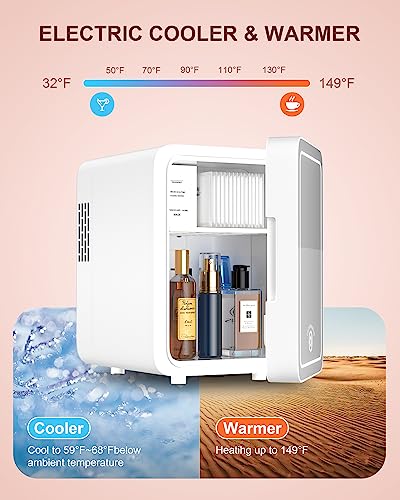 Skincare Fridge With Dimmable LED Light Mirror, 4L Makeup Mini Fridge for Bedroom, Car, Office & Dorm, Cooler & Warmer, Portable Small Refrigerator for Cosmetics, Skin Care and Food, White