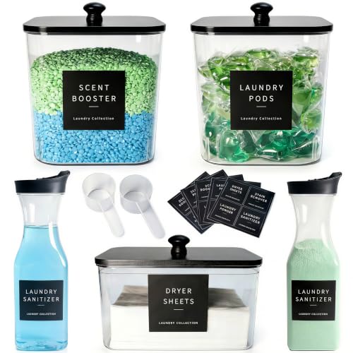 cocolanco 3+2 Pack Laundry Pods Containers & Dryer Sheet Holder & Laundry Detergent Dispenser, Laundry Room Organization and Storage Jars with Lids, Labels and Scoops for Scent Booster, Powder, Pods