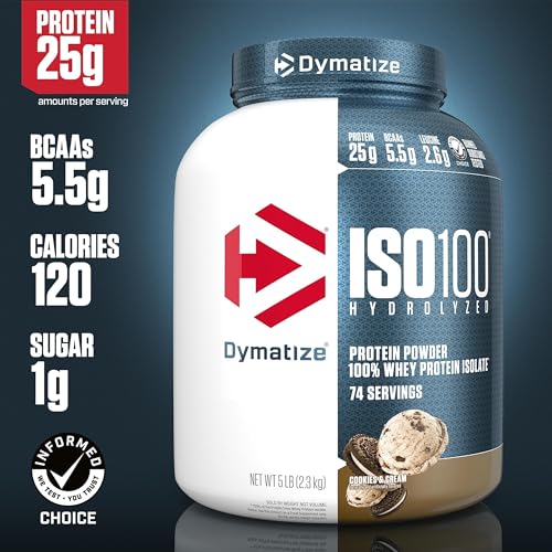 Dymatize ISO100 Hydrolyzed Protein Powder, 100% Whey Isolate Protein, 25g of Protein, 5.5g BCAAs, Gluten Free, Fast Absorbing, Easy Digesting, Cookies and Cream, 5 Pound