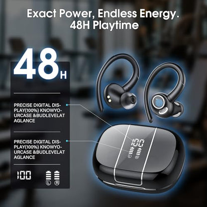 Wireless Sports Earbuds with Secure Earhooks, 48H Deep Bass/ENC Mic Ear Bud