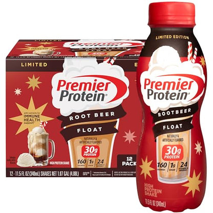 Premier Protein Shake, Limited Edition Root Beer Float, 30g Protein, 1g Supar, 24 Vitamins & Minerals, Nutrients to Support Immune Health, 11.5 oz, 12 Pack - Artwork Case, Packaging May Vary