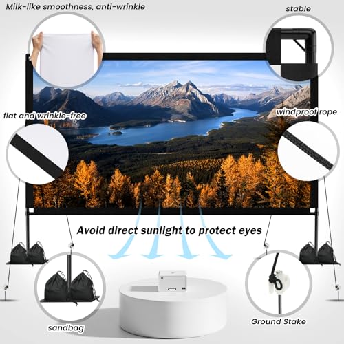 120inch Projector Screen with Stand: Portable Projector Screen Outdoor Indoor Front/Rear16:9 4K HD with Carry Bag Sandbag- Movie Screen for Backyard Moive Night, Camping, Theater