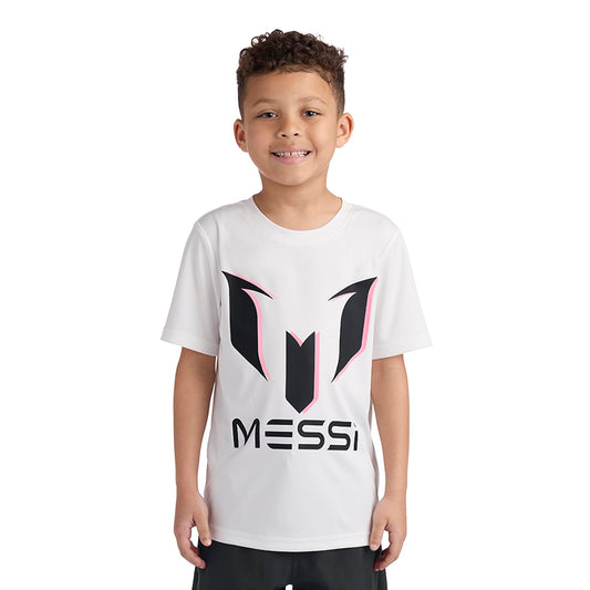 Messi Boys' Lifestyle Short Sleeve Top, Standard Shirt with Logo, Comfortable Fit, Bright White