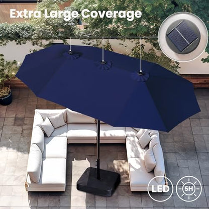 PHI VILLA 15ft Large Patio Umbrella with Solar Lights, Double-Sided Outdoor Market Rectangle Umbrellas with 36 LED Lights, Umbrella Base (Stand) Included, Navy Blue