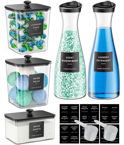 2+1+2 Pack Laundry Pods Containers & Laundry Detergent Dispenser & Dryer Sheet Holders, Laundry Room Organization and Storage, Labels and Scoops for Laundry Detergent, Scent Boosters, Laundry Pods