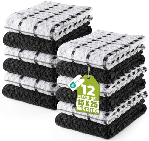 Utopia Towels Kitchen Towels 12 Pack 15x25 Inch Ring Spun Cotton Black