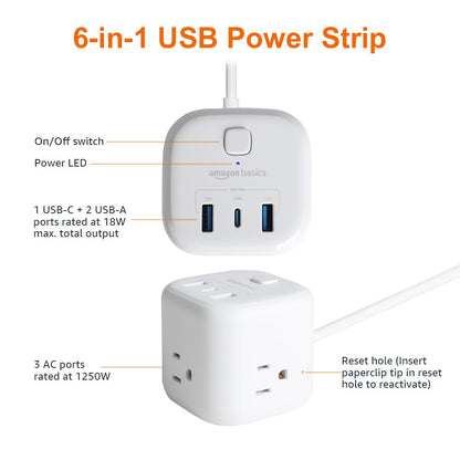 Amazon Basics Power Strip Cube 3 Outlet 3 USB Ports, 1 USB-C(15W) and 2 USB-A(12W), 5 ft Extension Cord, Home, Office, Travel, White