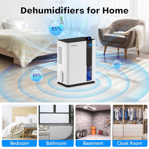 NineSky Dehumidifier, 98 OZ Dehumidifier for Home, (800 sq. ft.) Dehumidifiers for Bathroom, Bedroom with Auto Shut Off, 5 Colors LED Light(H2 White)