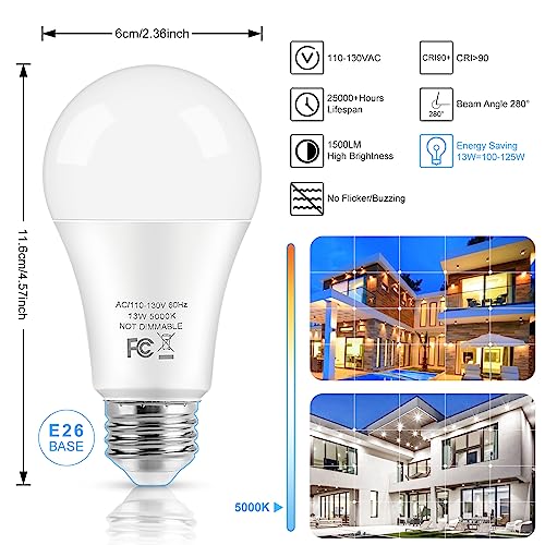 LED Light Bulbs, 100 Watt Equivalent A19, 13W 5000K Daylight White 1500 Lumens Non-Dimmable Bright E26 Edison Medium Screw Bulbs for Home Bedroom Kitchen Living Room Office Lamp, 4-Pack