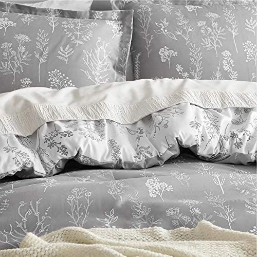 Bedsure Queen Comforter Set - Grey Comforter, Cute Floral Bedding Comforter Sets, 3 Pieces, 1 Soft Reversible Botanical Flowers Comforter and 2 Pillow Shams